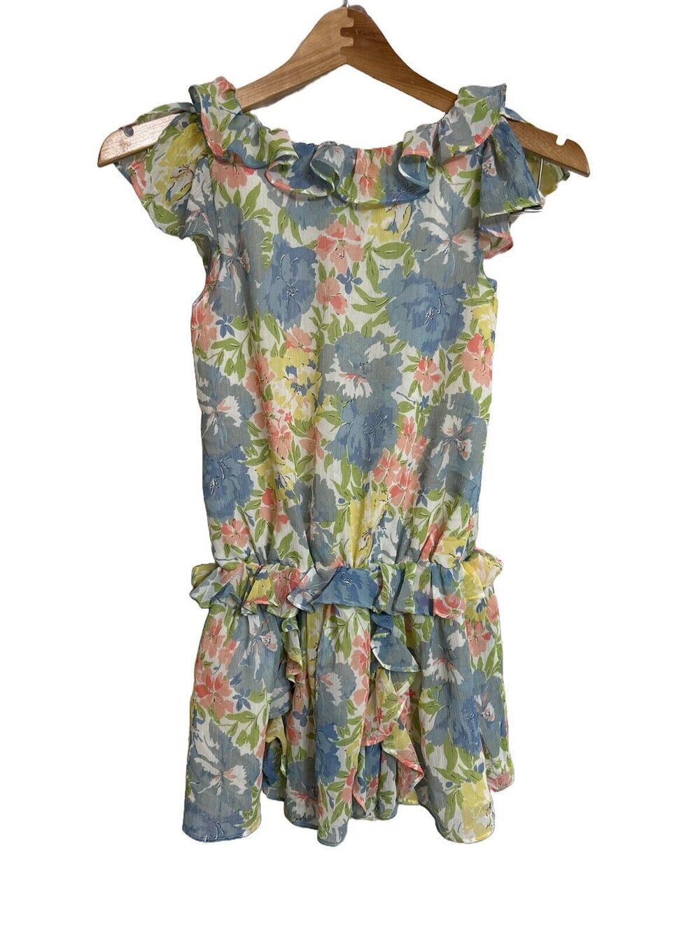 Ralph Lauren Girls 8 Watercolor Floral Drop Waist Dress Ruffled Blue Multi Lined